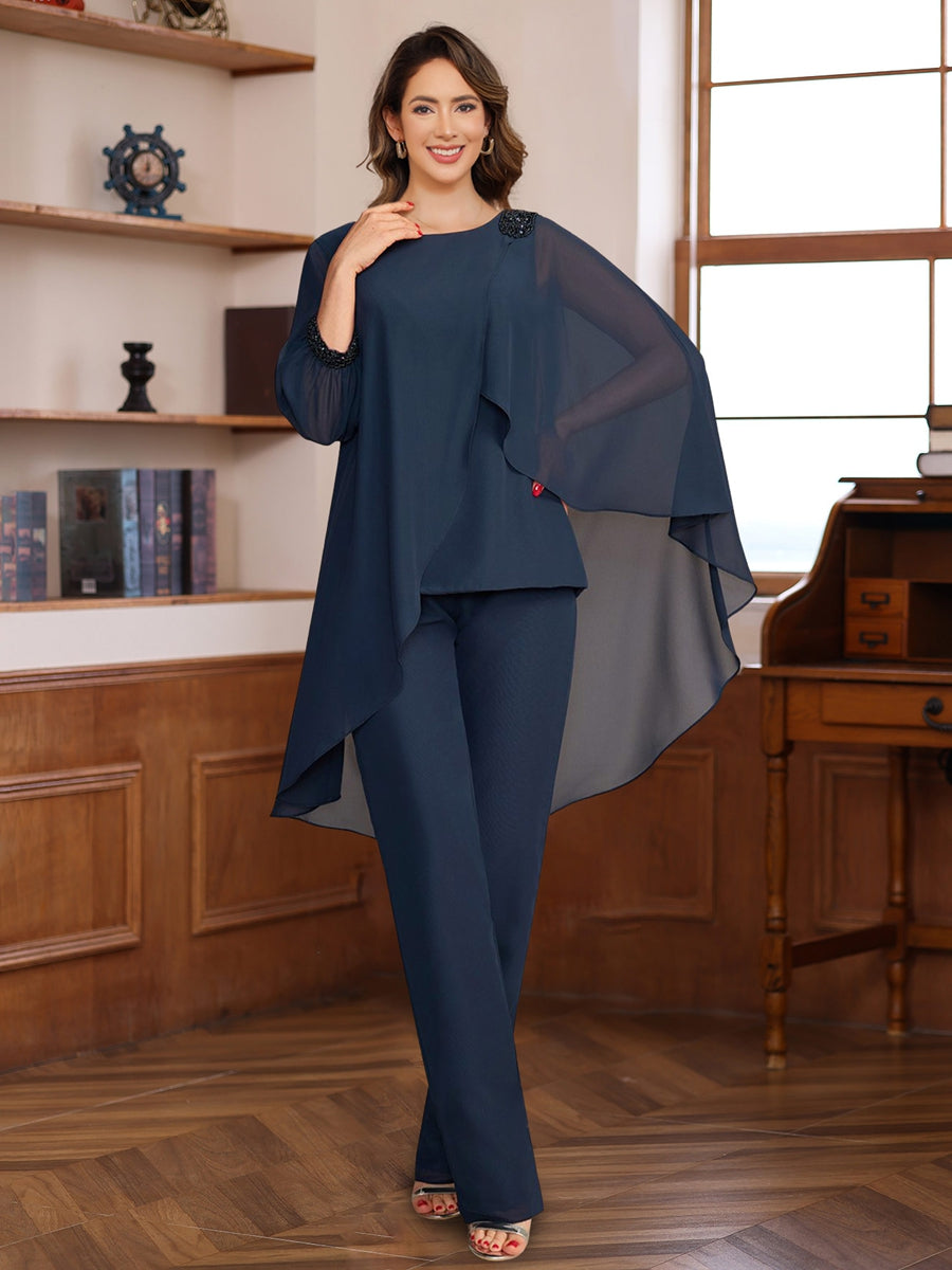 2 Morceaux Mousseline Col rond La Longueur du Sol Tailleurs-pantalons pour Mère de la Mariée avec Froufrous & Paillettes & Perles