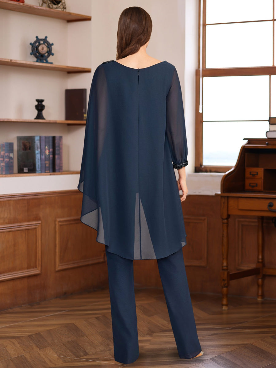 2 Morceaux Mousseline Col rond La Longueur du Sol Tailleurs-pantalons pour Mère de la Mariée avec Froufrous & Paillettes & Perles