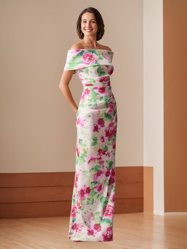 Robe De Mère De La Mariée Fourreau/Colonne, Épaules Dénudées, Longueur Au Sol, Imprimé Floral, Avec Fronces
