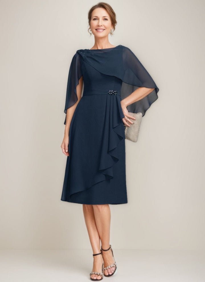 Gaine/Colonne Collier Bijou Longueur de Thé Robes Mère de La Mariée avec Detachable Cape & Froufrous & Beads