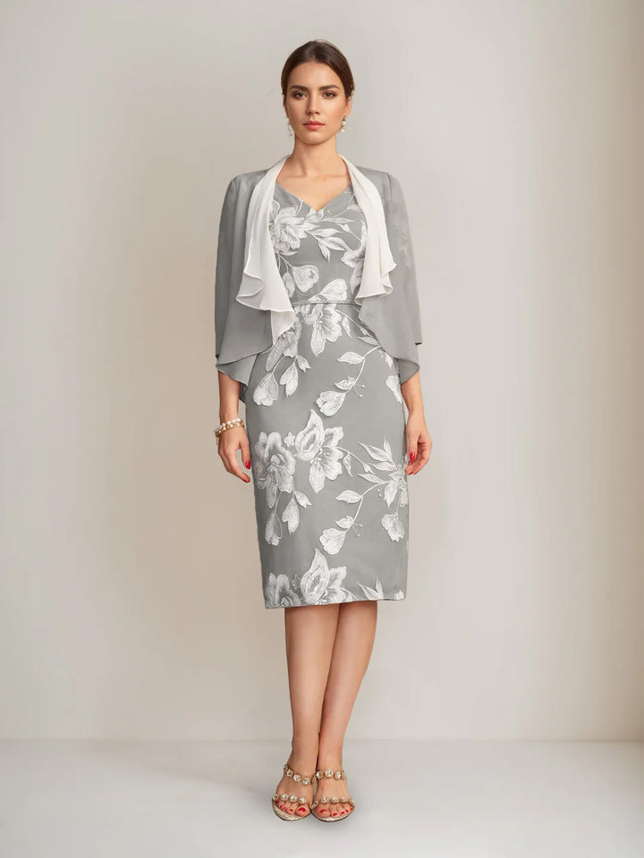 Gaine/Colonne Col en V Demi-manches Longueur Genou Perles Robes Mère de La Mariée avec Floral Broderie & Appliques & Jacket