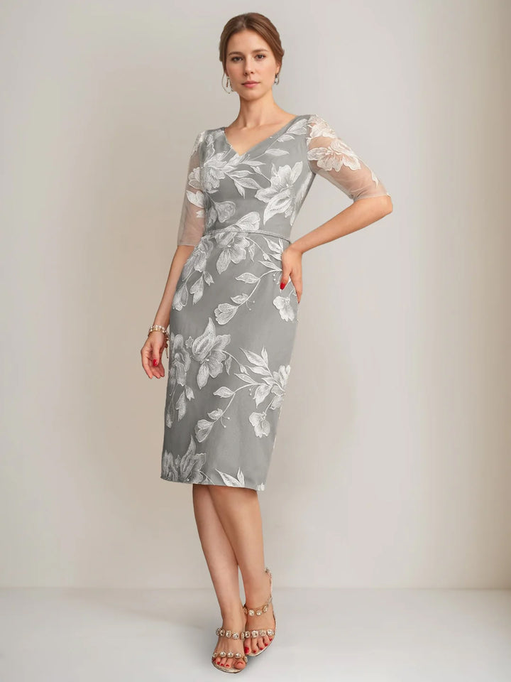 Gaine/Colonne Col en V Demi-manches Longueur Genou Perles Robes Mère de La Mariée avec Floral Broderie & Appliques & Jacket