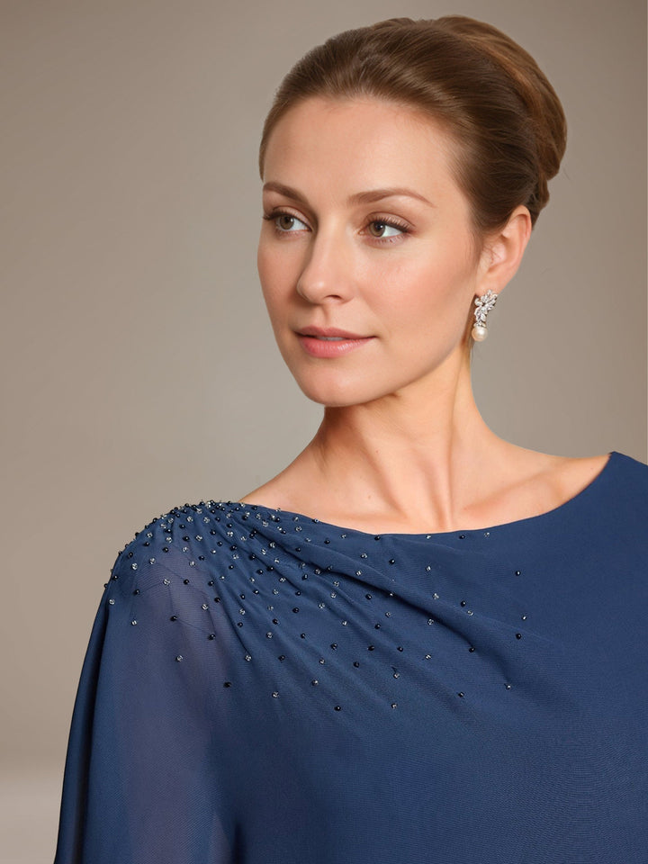 Ligne A/Princesse Scoop Cape Sleeves La Longueur du Sol Pleated Robe Mère de La Mariée avec Beads & Froufrous