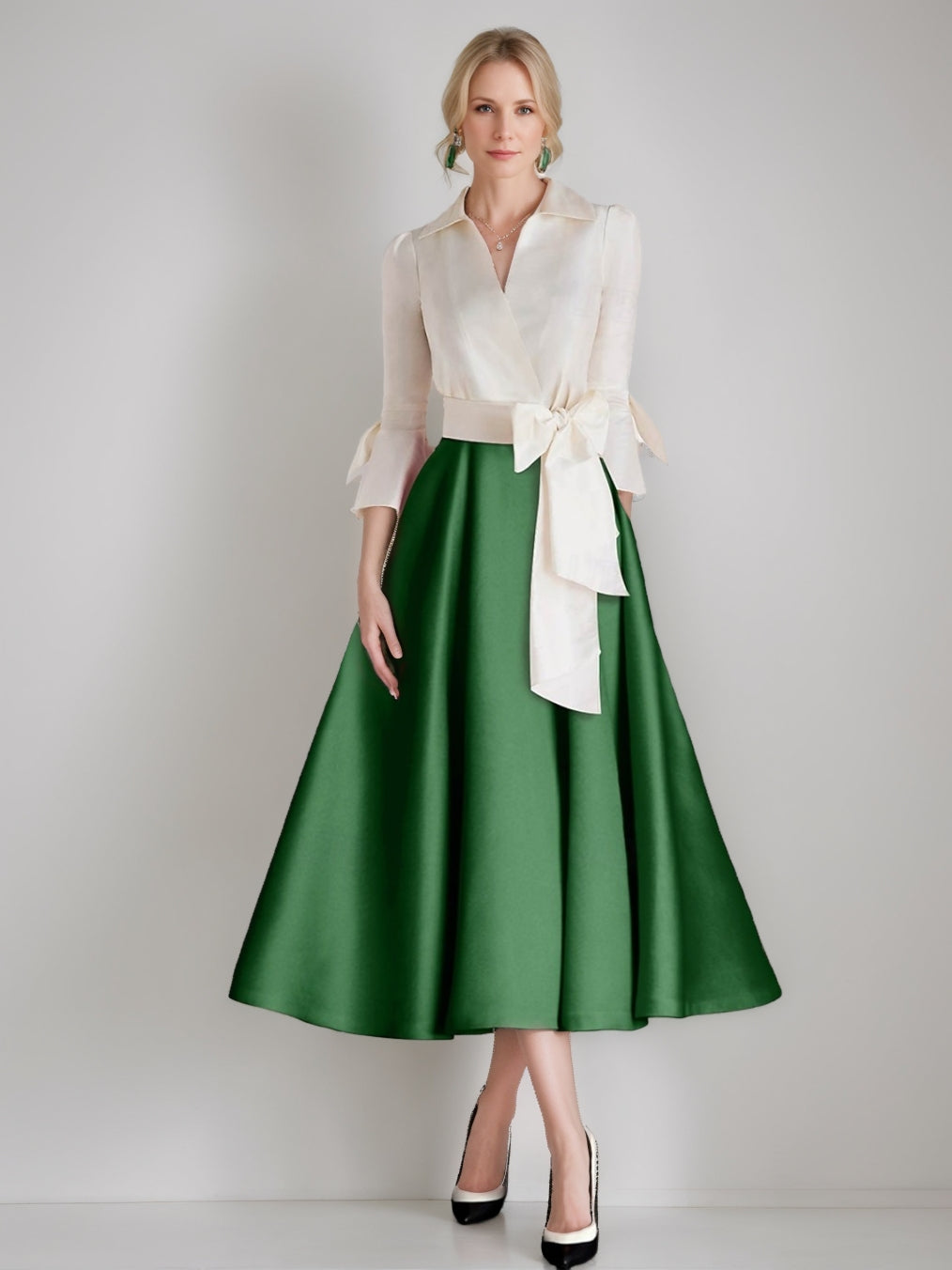 Ligne A/Princesse Shirt Collar 3/4 Manches Longueur de Thé Pleated Robes Mère de La Mariée avec Ceinture & Bows