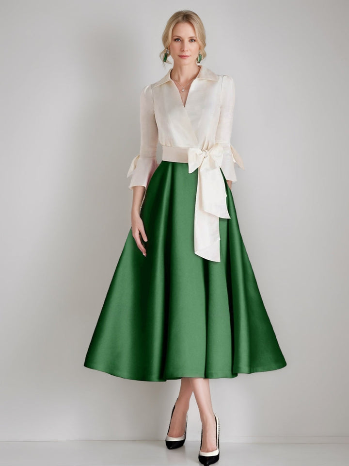 Ligne A/Princesse Shirt Collar 3/4 Manches Longueur de Thé Pleated Robes Mère de La Mariée avec Ceinture & Bows