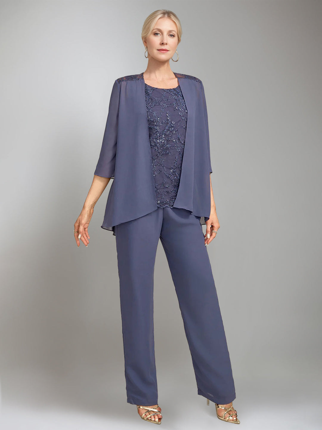 3 Morceaux Scoop Sans Manches La Longueur du SolTailleurs-pantalons pour mère de la mariée avec veste