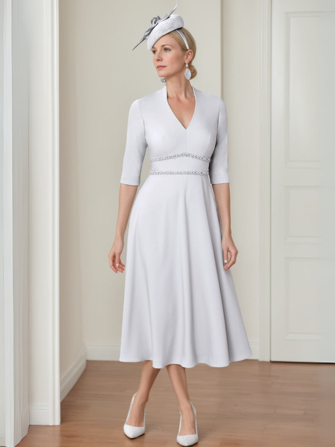 Ligne A/Princesse Col en V Longueur de Thé Demi-manches Robes Mère de La Mariée avec Perles