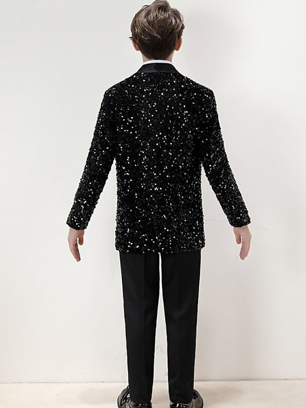 Ensemble de Vêtements pour Garçons Blazer Pantalon Manches Longues Ensembles de Costume de Mariage pour Garçons 3 Pièces avec Paillettes