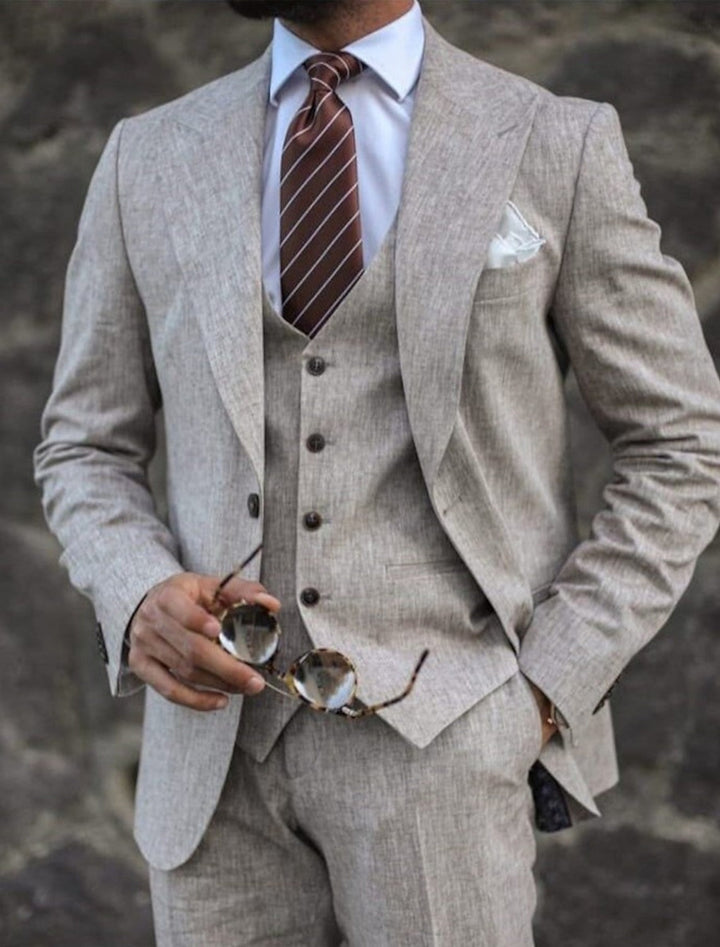 Costumes 3 Pièces en Lin de Couleur Unie à Simple Boutonnage et Deux Boutons pour Hommes, Coupe Ajustée