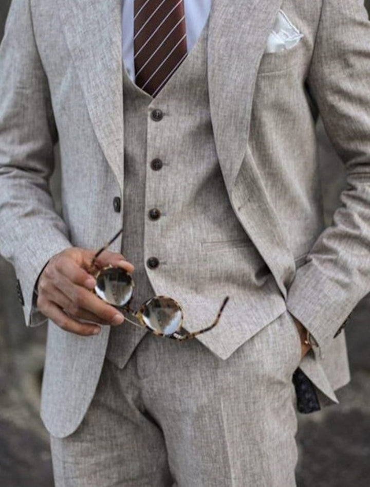 Costumes 3 Pièces en Lin de Couleur Unie à Simple Boutonnage et Deux Boutons pour Hommes, Coupe Ajustée