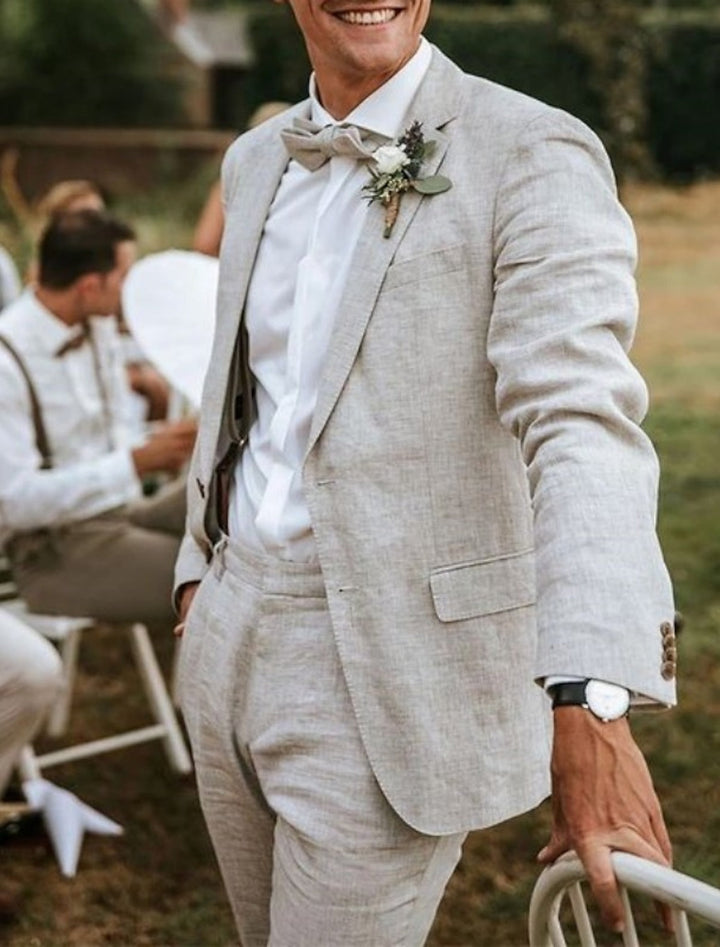 Costumes 2 Pièces en Lin de Couleur Unie à Simple Boutonnage et Deux Boutons pour Hommes, Coupe Ajustée