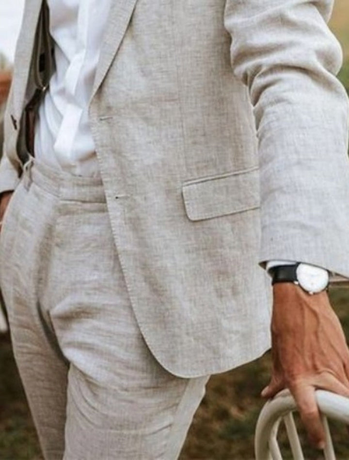 Costumes 2 Pièces en Lin de Couleur Unie à Simple Boutonnage et Deux Boutons pour Hommes, Coupe Ajustée