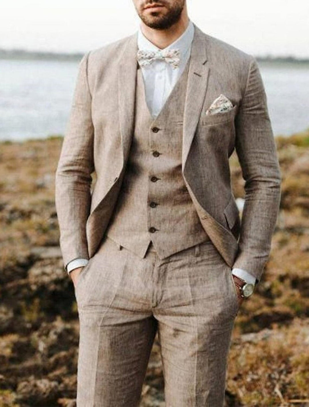 Costumes 3 Pièces en Lin de Couleur Unie à Simple Boutonnage et Deux Boutons pour Hommes, Coupe Ajustée