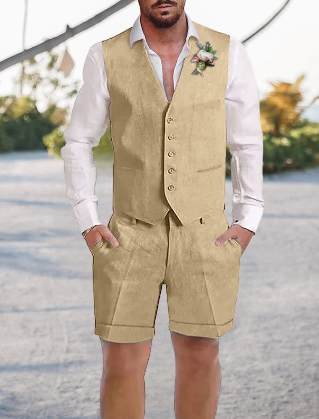 Costumes 2 Pièces en Lin de Couleur Unie à Coupe Ajustée pour Hommes