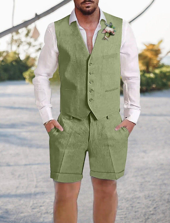 Costumes 2 Pièces en Lin de Couleur Unie à Coupe Ajustée pour Hommes