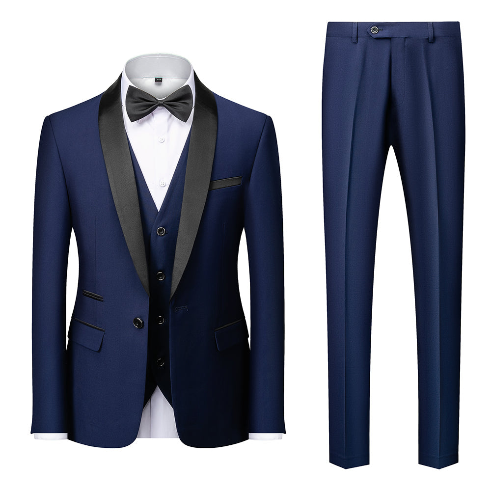 Costumes de Mariage 3 Pièces pour Hommes, Coupe Ajustée, Simple Boutonnage, Couleur Unie, Bleu Bordeaux Gris Rouge Noir