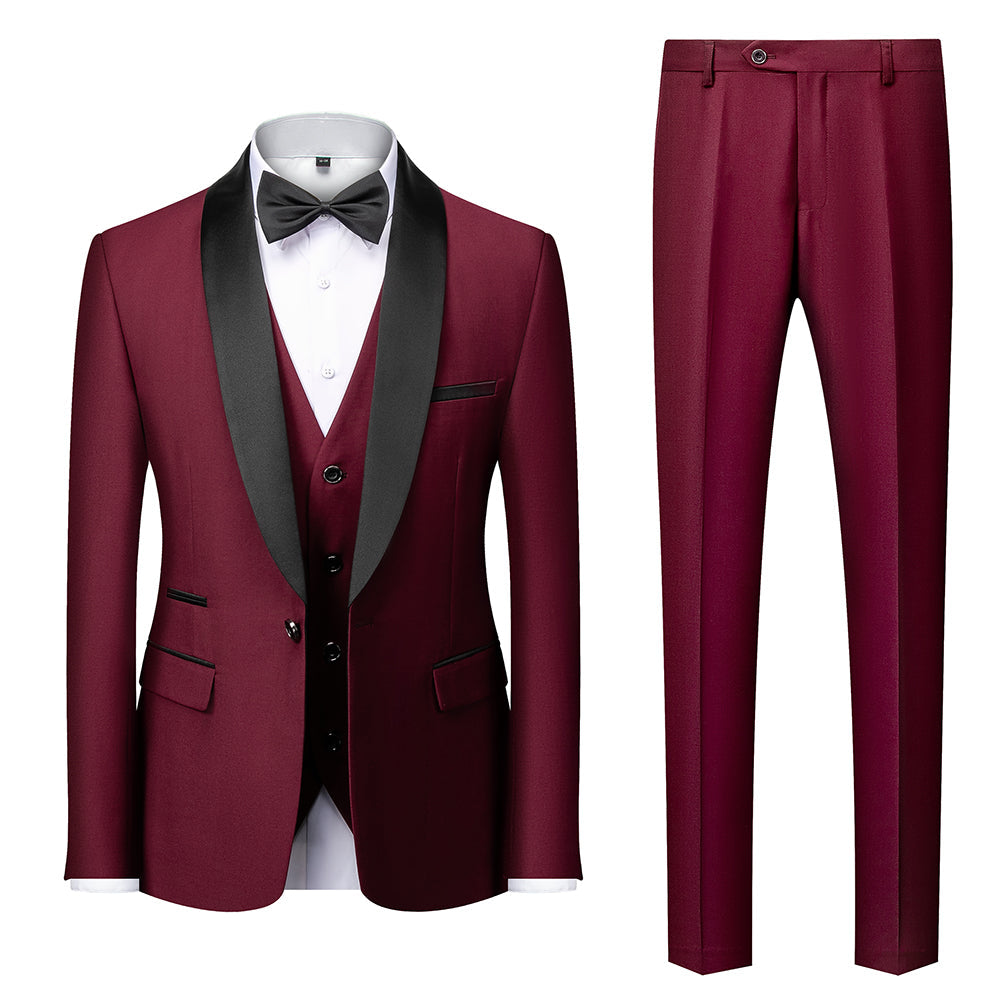 Costumes de Mariage 3 Pièces pour Hommes, Coupe Ajustée, Simple Boutonnage, Couleur Unie, Bleu Bordeaux Gris Rouge Noir