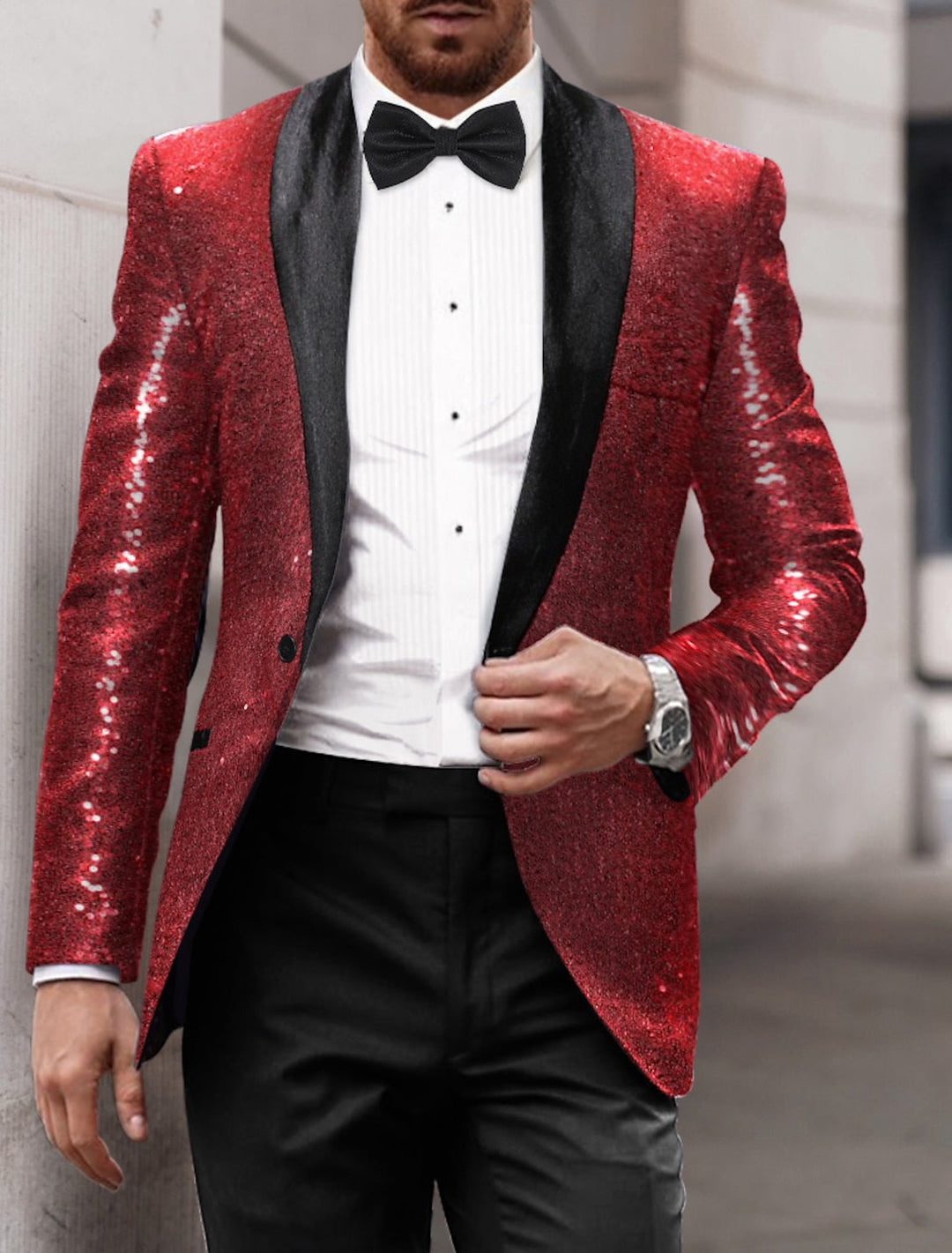 Veste de Soirée à Paillettes à Un Bouton et à Simple Boutonnage pour Homme, Coupe Ajustée, Couleur Or, Rouge, Bleu, Argent