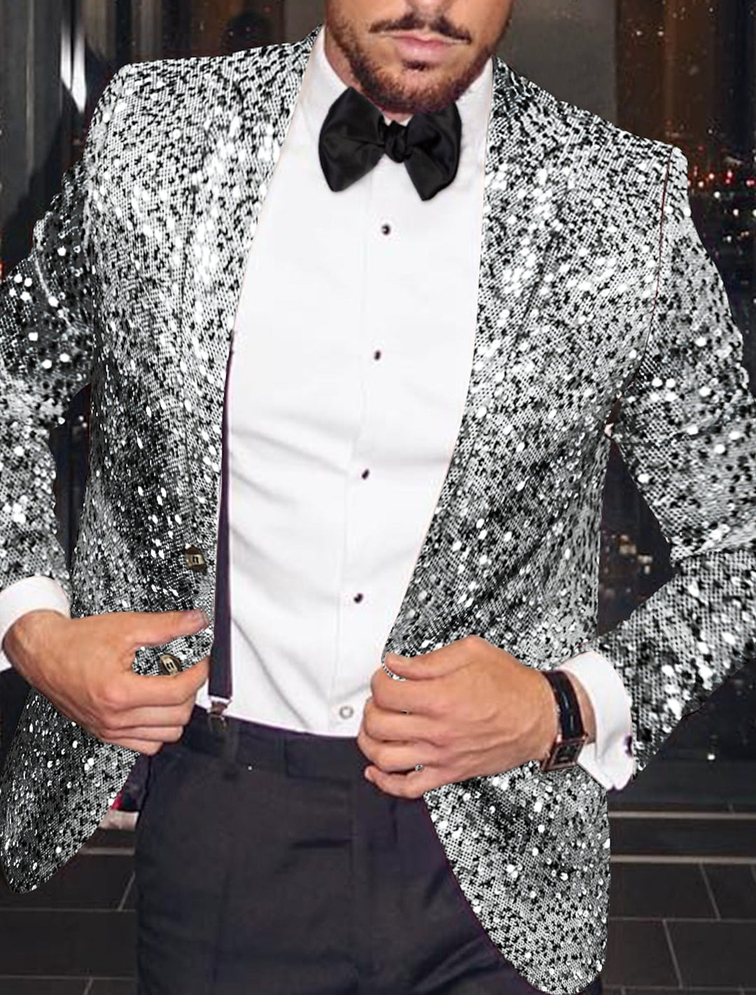 Veste de Soirée à Paillettes à Un Bouton et à Simple Boutonnage pour Homme, Coupe Ajustée, Couleur Or et Argent