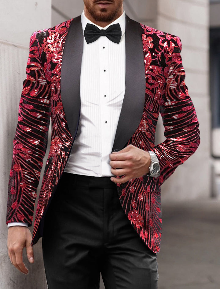 Veste De Soirée À Paillettes, Coupe Ajustée, Simple Boutonnage, Or, Rouge Et Vert, Pour Homme