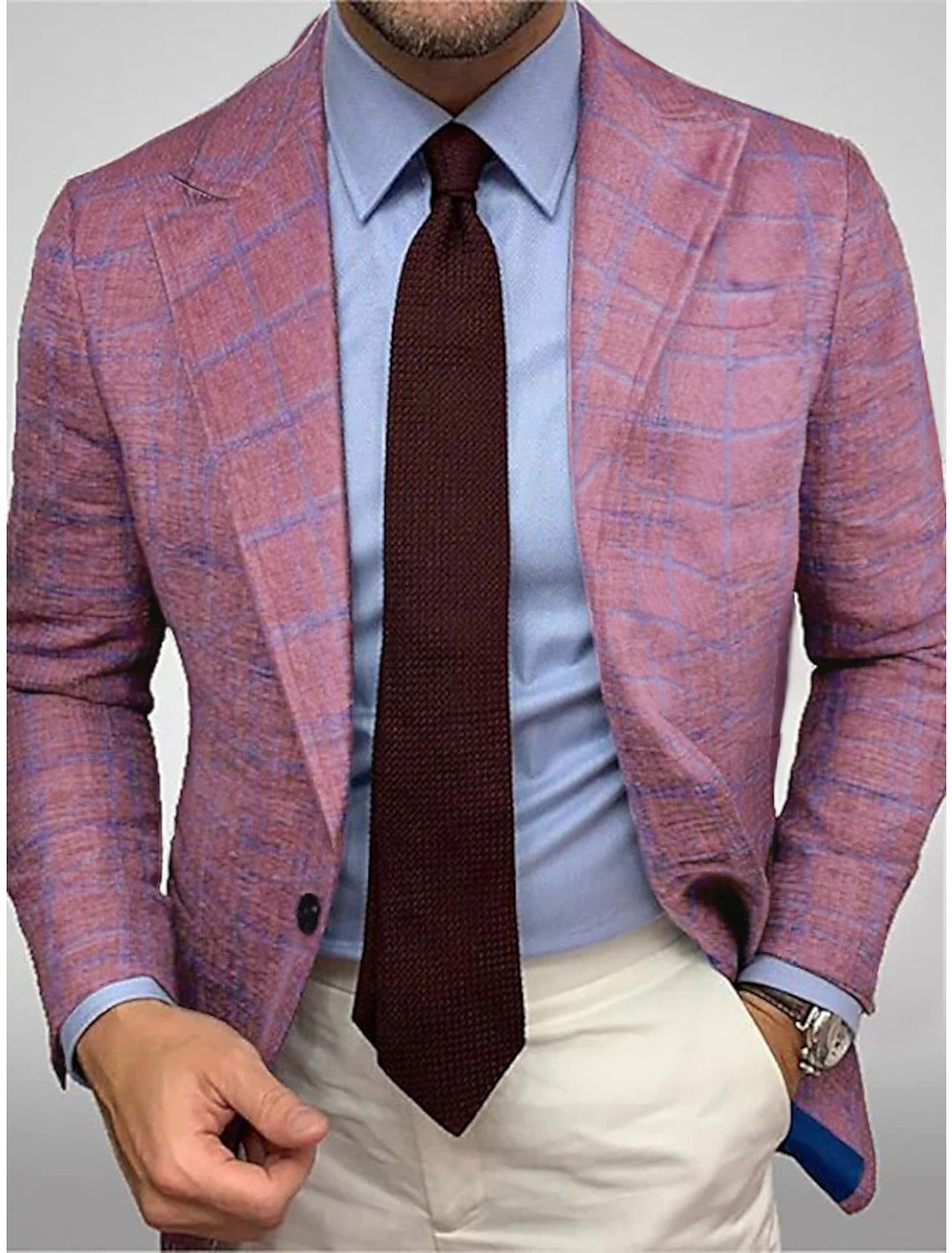 Veste Décontractée à Carreaux à Deux Boutons et à Boutonnage Simple pour Homme, Coupe Ajustée, Rose et Bleu