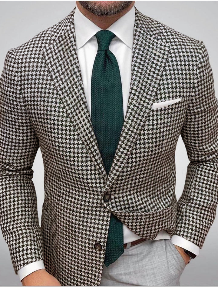 Veste Décontractée à Deux Boutons et à Boutonnage Simple pour Homme, Coupe Ajustée, Vert, Rouge et Marron, Motif Pied-De-Poule