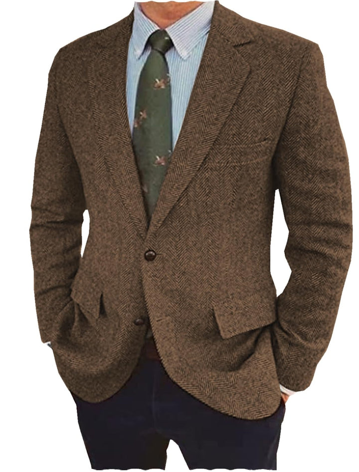 Veste Décontractée en Tweed Marron Bleu pour Homme, Coupe Ajustée, Simple Boutonnage, Deux Boutons