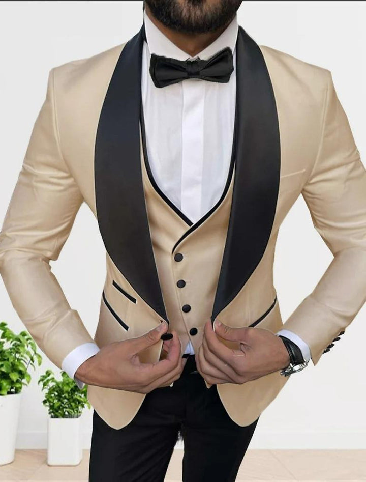 Costumes de Fête 3 Pièces pour Hommes, Coupe Ajustée, Couleur Unie, Simple Boutonnage, Un Bouton, Couleur Champagne Blanc Gris