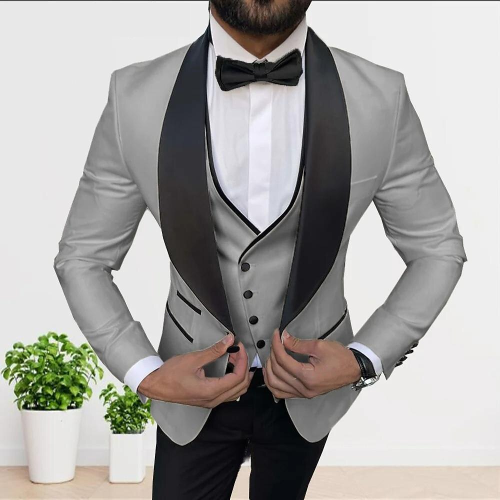Costumes de Fête 3 Pièces pour Hommes, Coupe Ajustée, Couleur Unie, Simple Boutonnage, Un Bouton, Couleur Champagne Blanc Gris