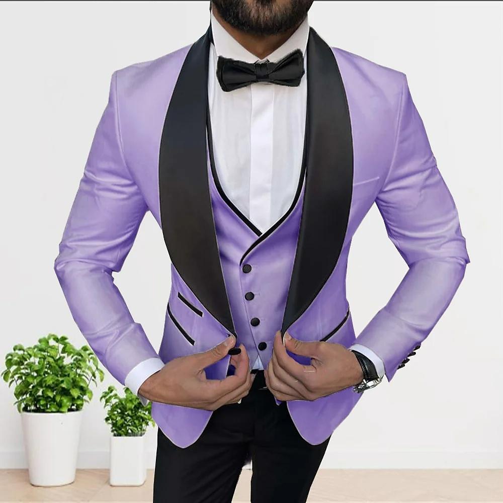 Costumes de Fête 3 Pièces pour Hommes, Coupe Ajustée, Couleur Unie, Simple Boutonnage, Un Bouton, Couleur Champagne Blanc Gris