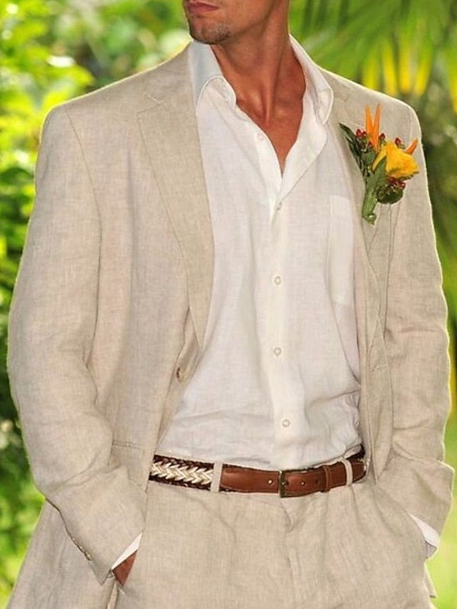 Costumes 2 Pièces en Lin à Coupe Ajustée pour Hommes, à Simple Boutonnage et à Deux Boutons