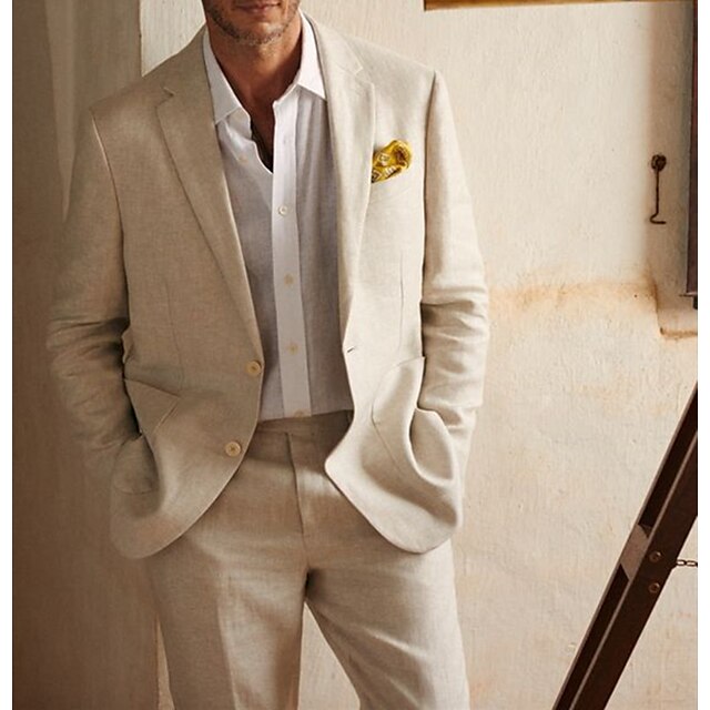 Costumes 2 Pièces en Lin à Coupe Ajustée pour Hommes, à Simple Boutonnage et à Deux Boutons