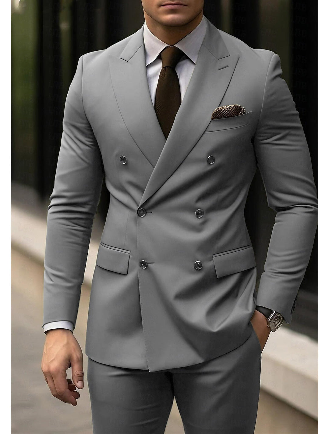 Costume de Mariage 2 Pièces Gris Clair à Coupe Ajustée pour Homme, Croisé, à Six Boutons