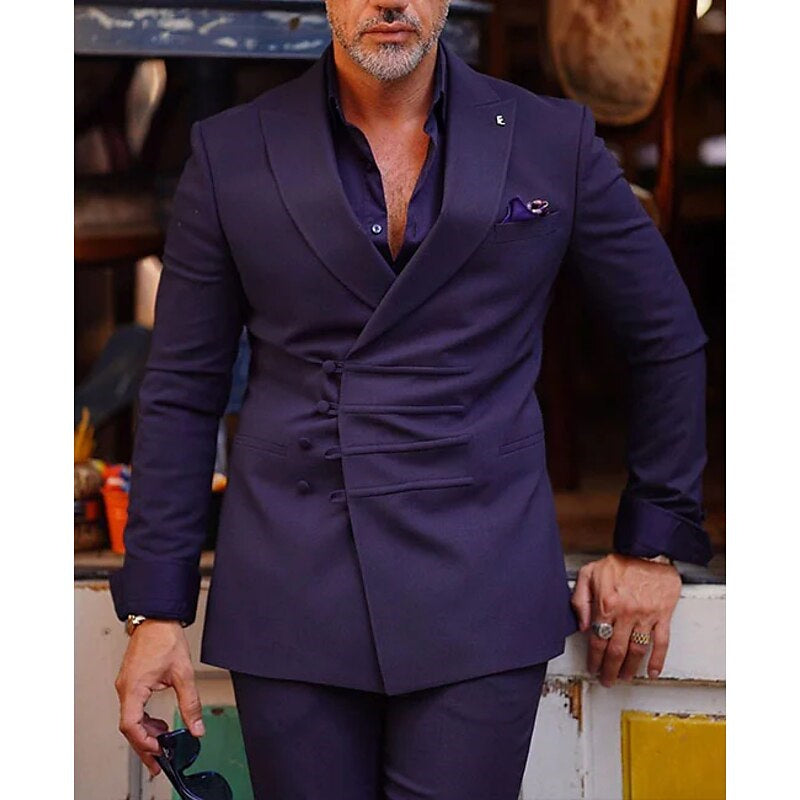 Costume de Mariage 2 Pièces pour Homme, Coupe Ajustée, Croisé, Six Boutons, Couleur Unie
