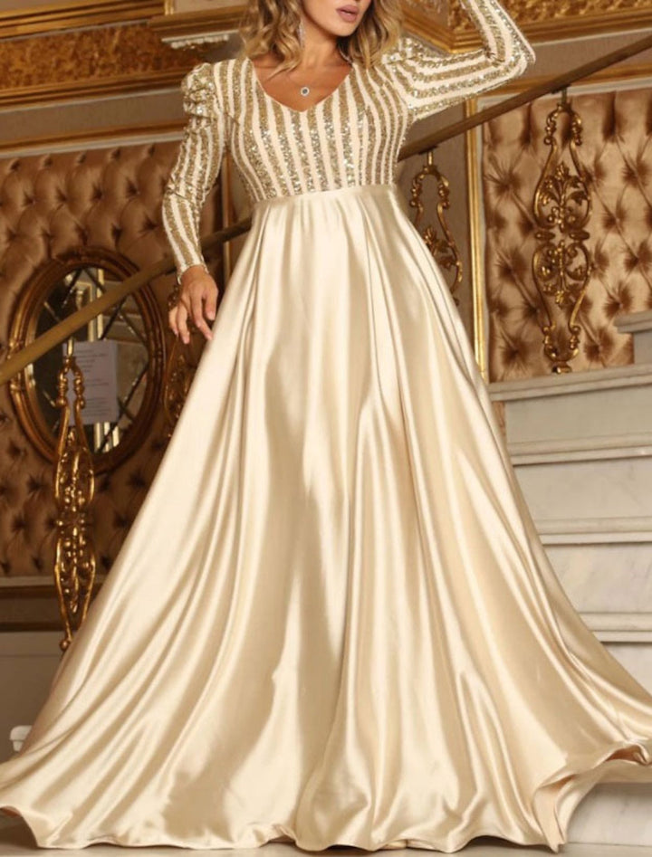 Robe de Soirée A-Line/Princess à Col en V et Manches Longues avec Paillettes