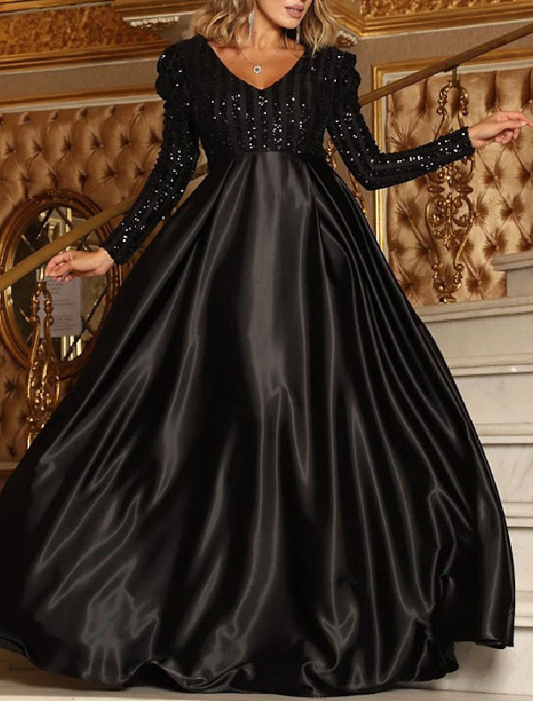 Robe de Soirée A-Line/Princess à Col en V et Manches Longues avec Paillettes