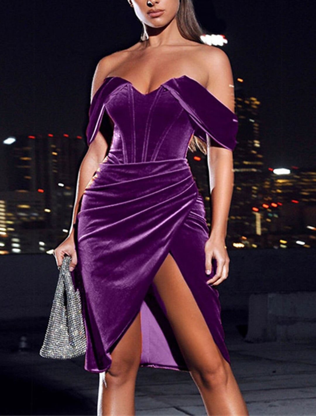 Robe de Mariée Fourreau/Colonne en Velours à Épaules Dénudées avec Fente Sur le Côté