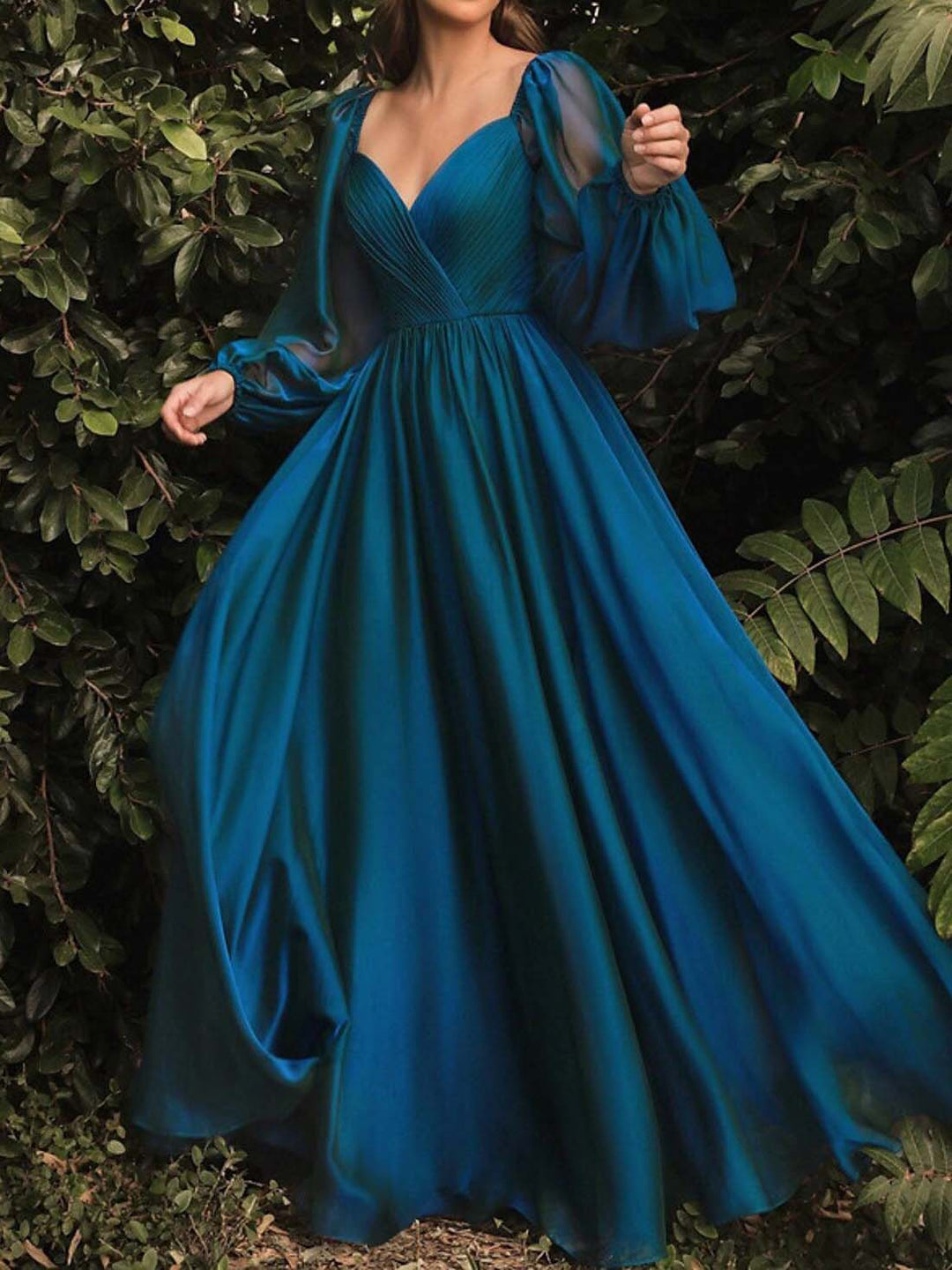 Robe Longue Trapèze/Princesse à Col en V et Manches Longues Jusqu'Au Sol