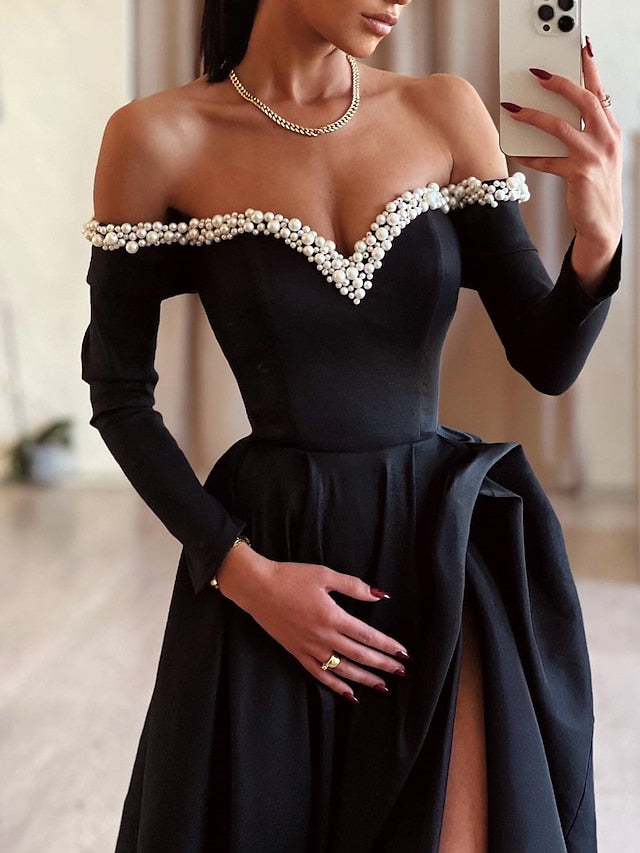 Robe de Bal Longue à Épaules Dénudées avec Fente Sur le Côté et Perles