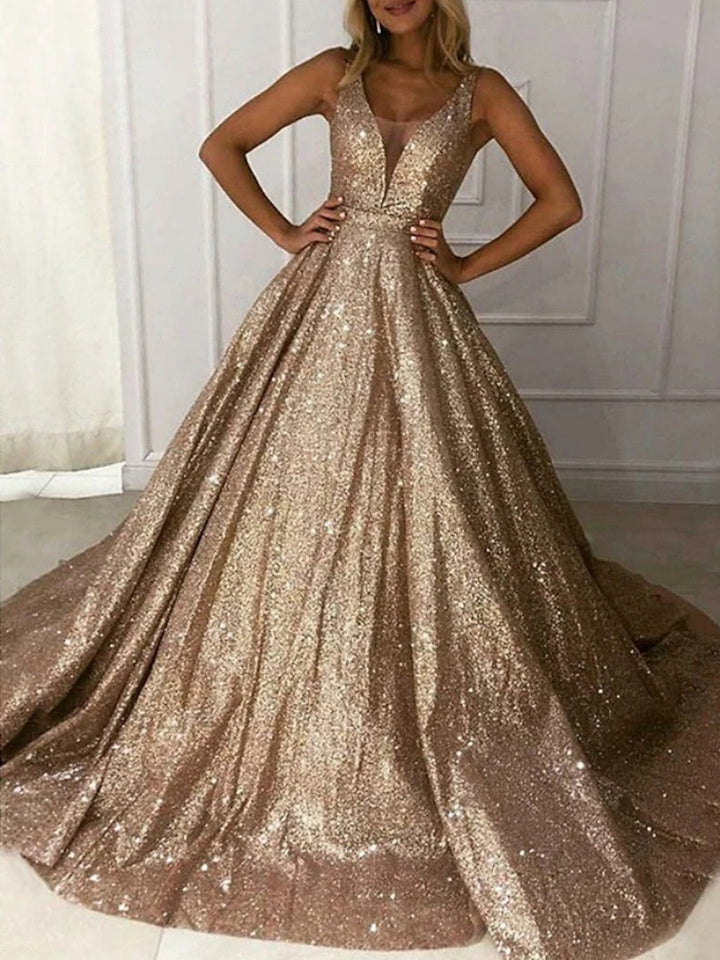 Robe de Bal Longue Sans Manches à Col en V et Ligne A/Princesse avec Paillettes