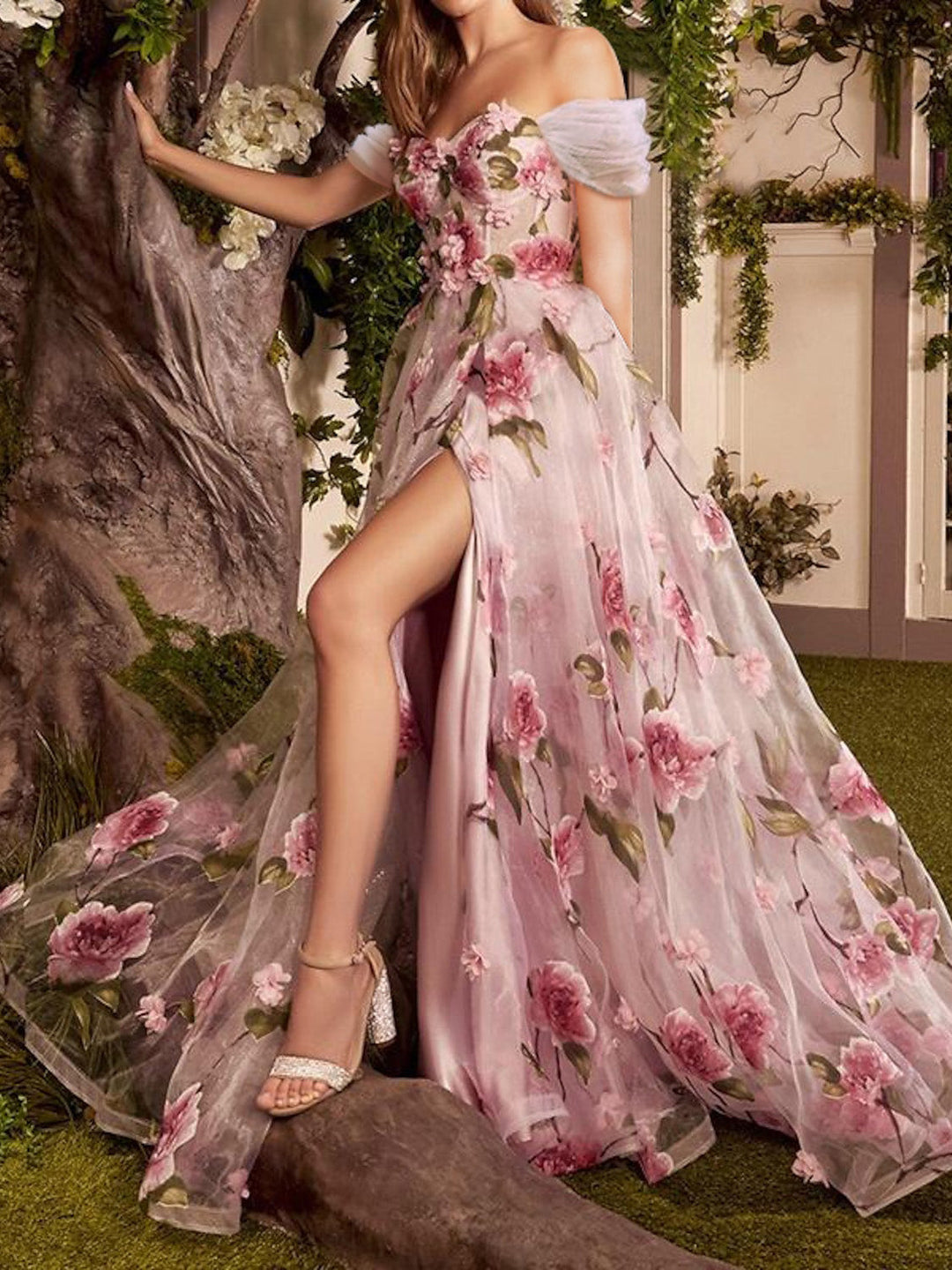 Robe de Bal Longue à Fleurs, Coupe A-Line/Princess, Épaules Dénudées, avec Fente Sur le Côté