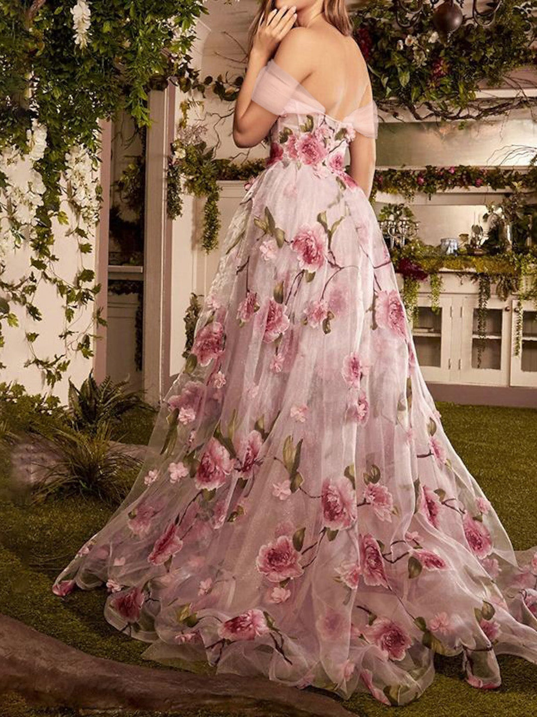 Robe de Bal Longue à Fleurs, Coupe A-Line/Princess, Épaules Dénudées, avec Fente Sur le Côté
