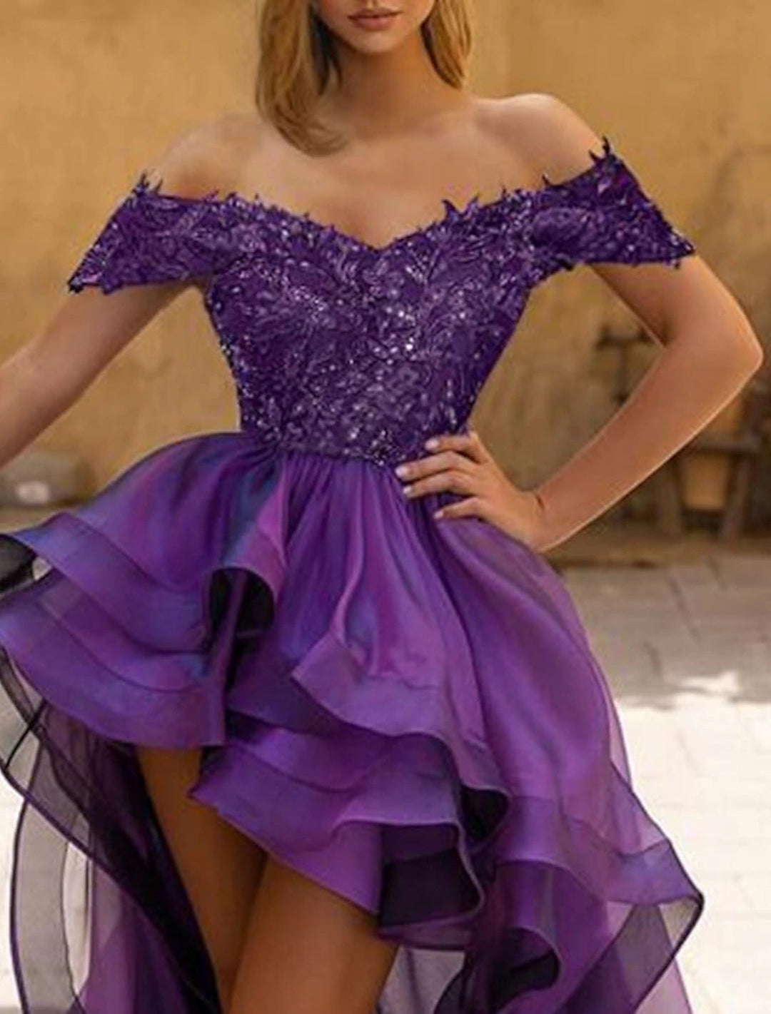 Robe de Bal Asymétrique Longue à Épaules Dénudées avec Paillettes