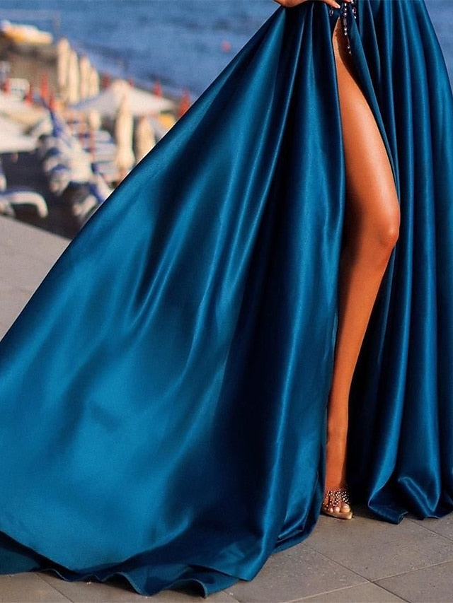 Robe de Bal Longue à Fleurs, Coupe A-Line/Princess, Asymétrique, avec Perles et Fente Sur le Côté