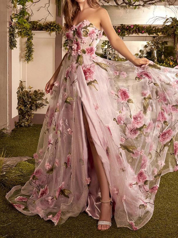 Robe de Bal Longue Sans Bretelles à Imprimé Floral, Coupe A-Line/Princess, avec Fente Sur le Côté