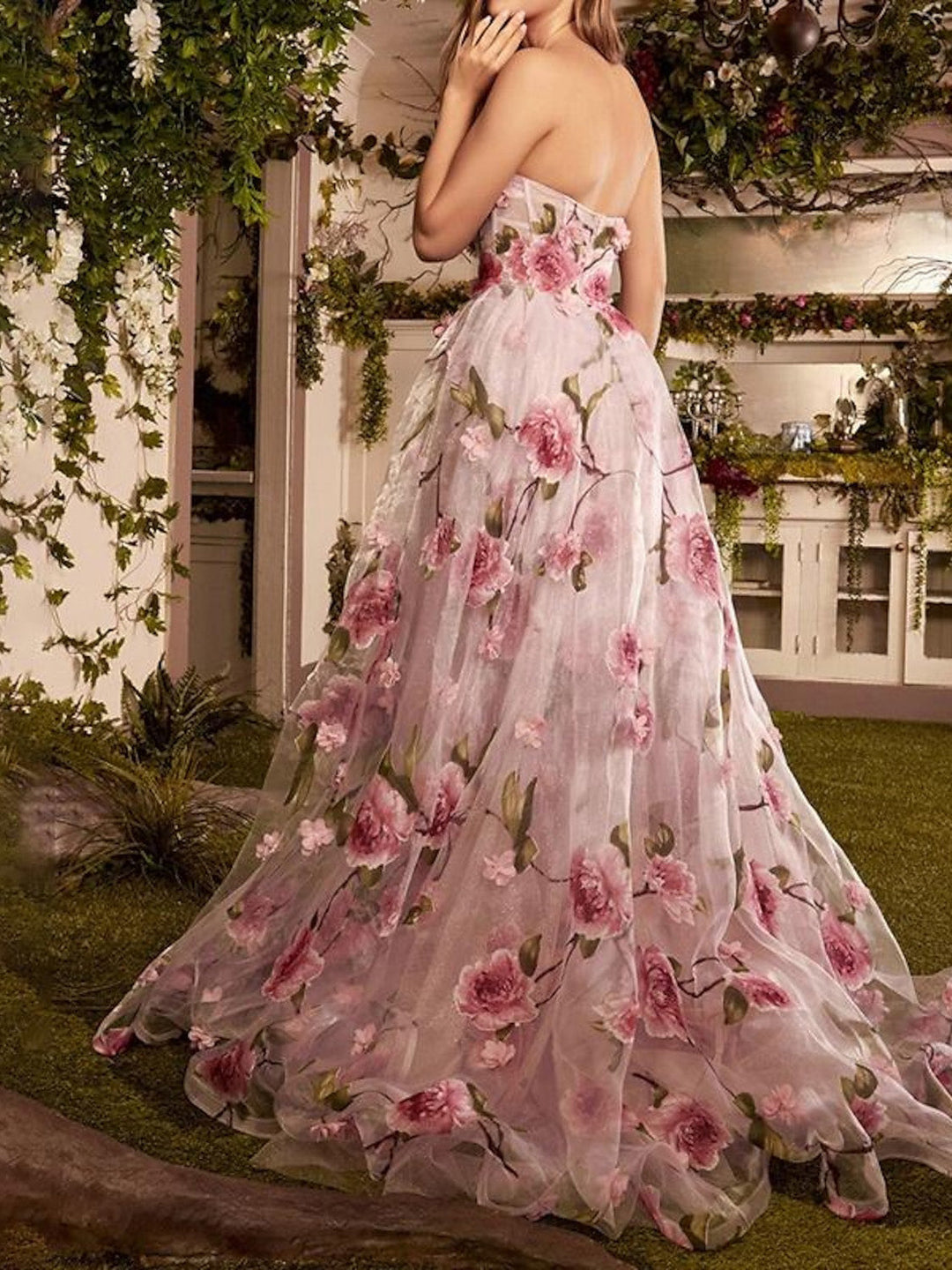 Robe de Bal Longue Sans Bretelles à Imprimé Floral, Coupe A-Line/Princess, avec Fente Sur le Côté