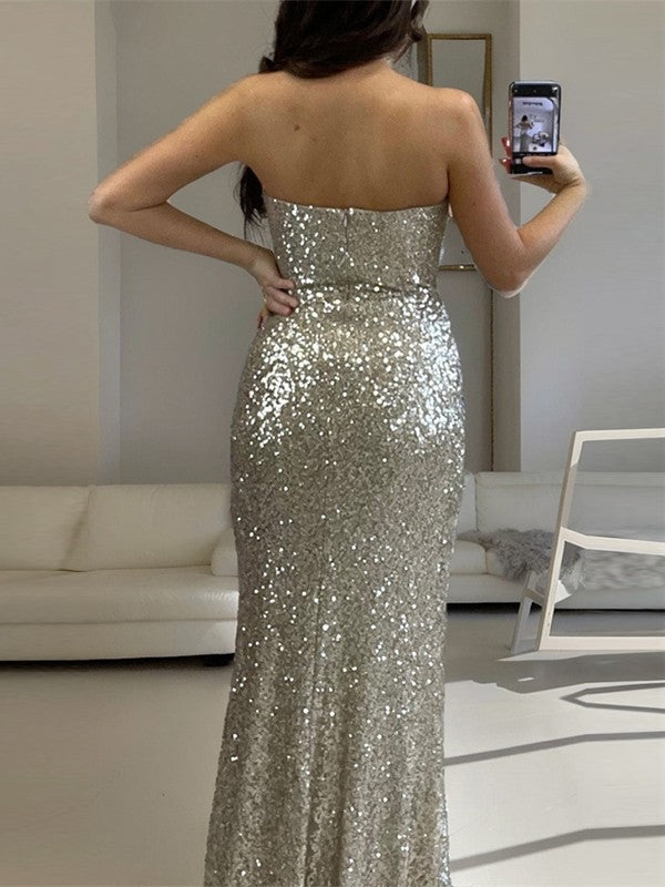 Robe de Soirée Longue en Paillettes Style Sirène/Trompette Sans Bretelles, Sans Manches, Longueur Au Sol, avec Fente Sur le Côté