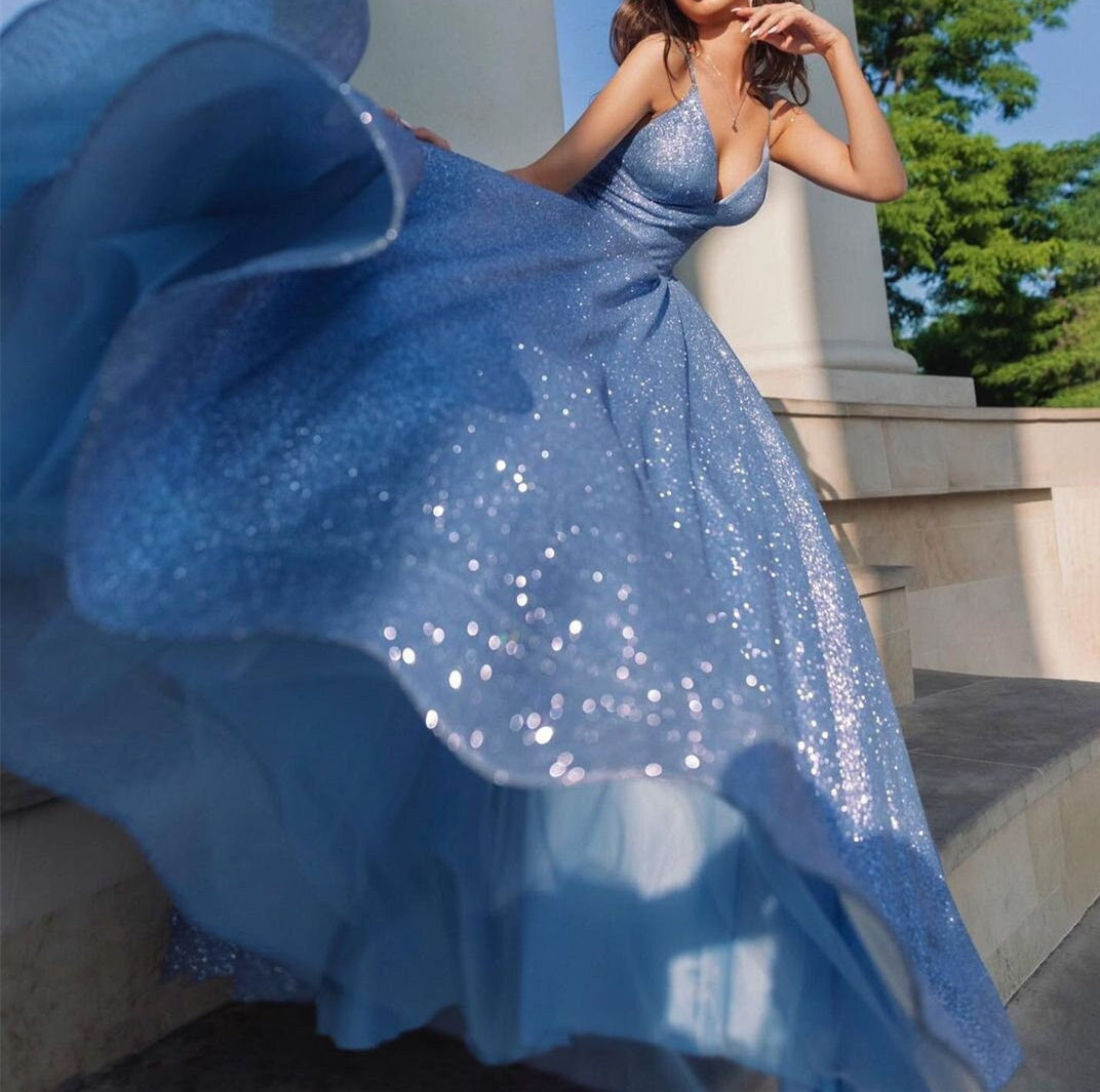 Robe de Bal à Bretelles Spaghetti, Col en V, Sans Manches, Longueur Au Sol, Longue Robe de Bal