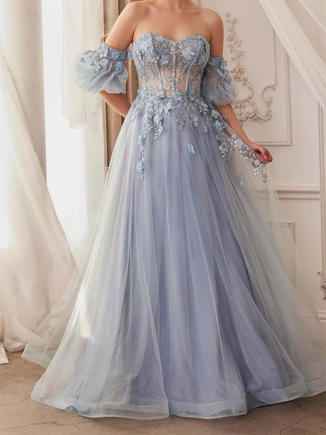 Robe de Bal Longue Trapèze/Princesse à Manches Courtes et Décolleté en Cœur avec Fleurs