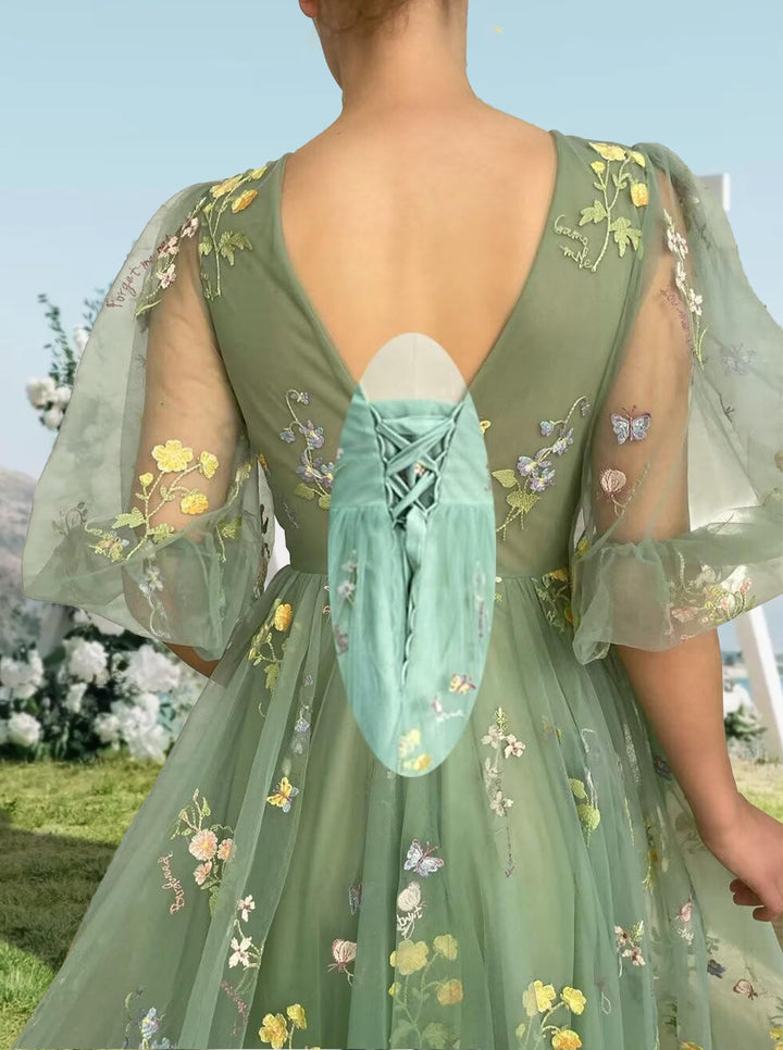 Robe de Bal Longue à Fleurs, Coupe A-Line/Princesse, Col en V, Manches Courtes, Motif Floral